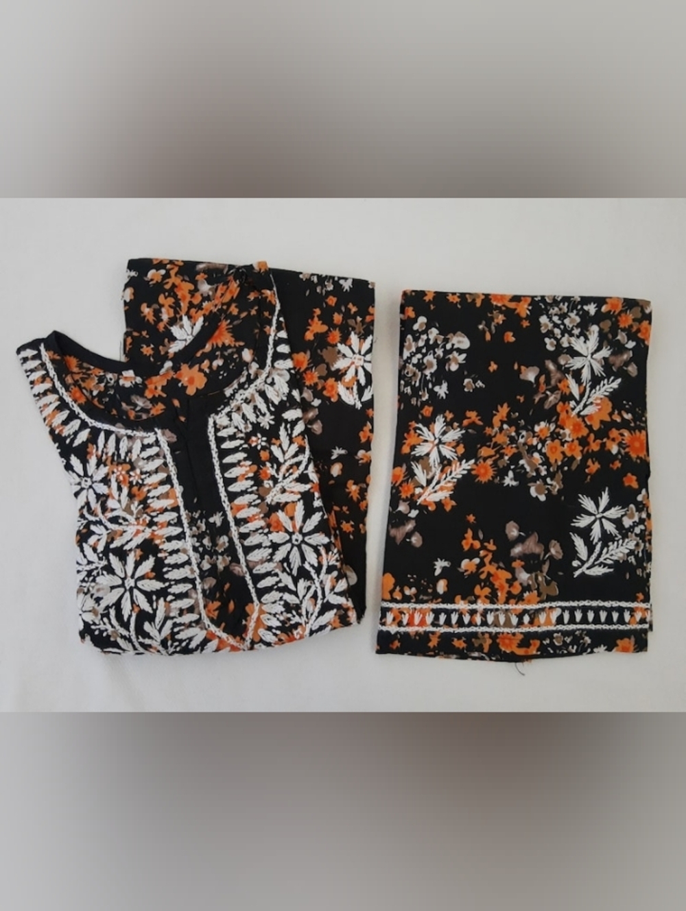 Printed Black & Orange Women Kurta Bottoms Set